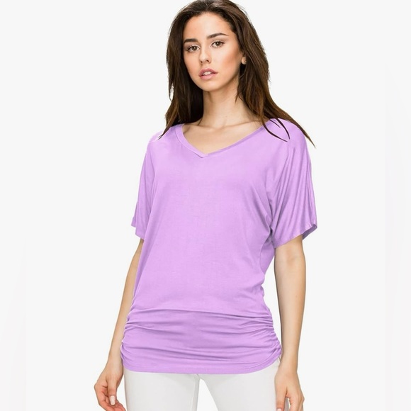 Women's Solid Short Sleeve Boat Neck V Neck Dolman Top with Side Shirring - Picture 4 of 5